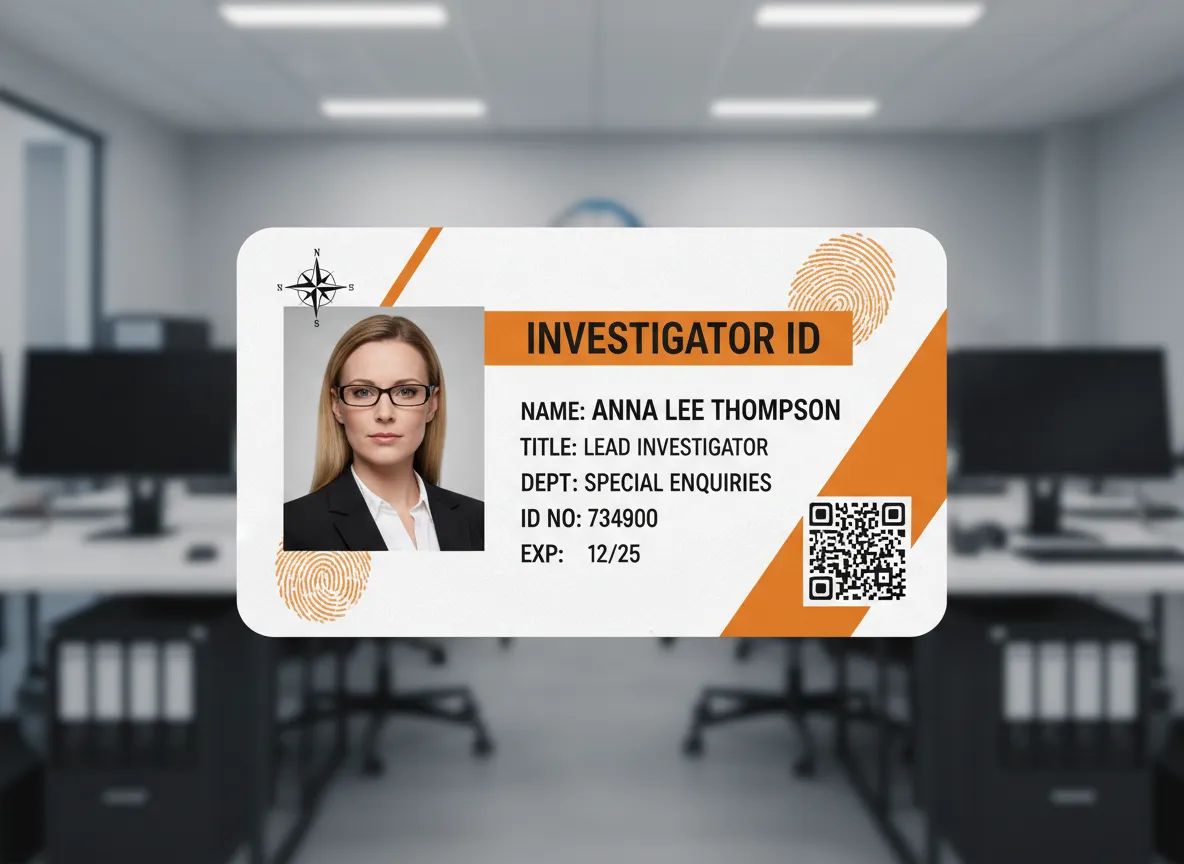 Investigator identification badge with orange color bars, fingerprint and compass images, made of 50 mil thick PVC for extra durability.