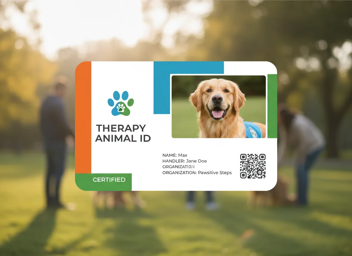 Joyful color combination pattern ID card for a therapy dog, displaying animal's photo, name, handler's data, and QR code pointing to regulations URL.