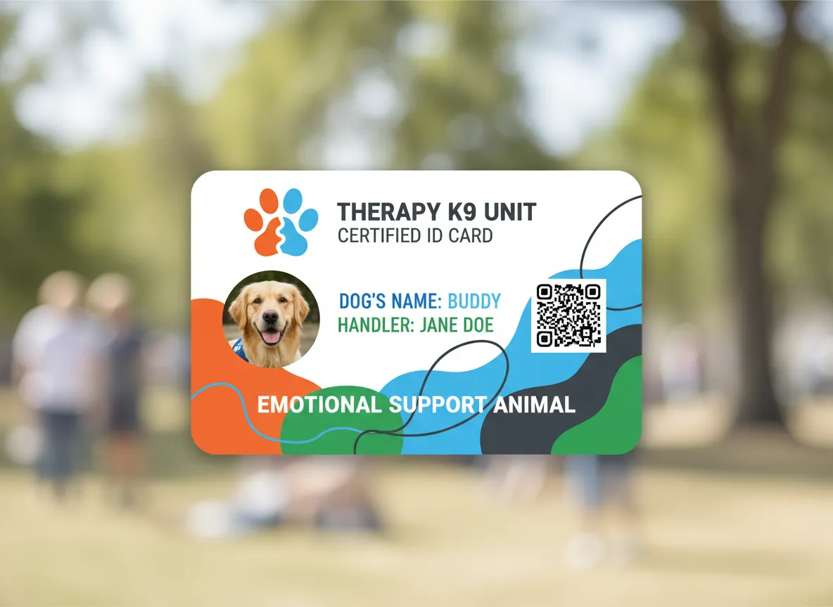 Joyful design, emotional support ID card for an animal, featuring multi color wavy design background, round photo, QR code explaining the access laws.