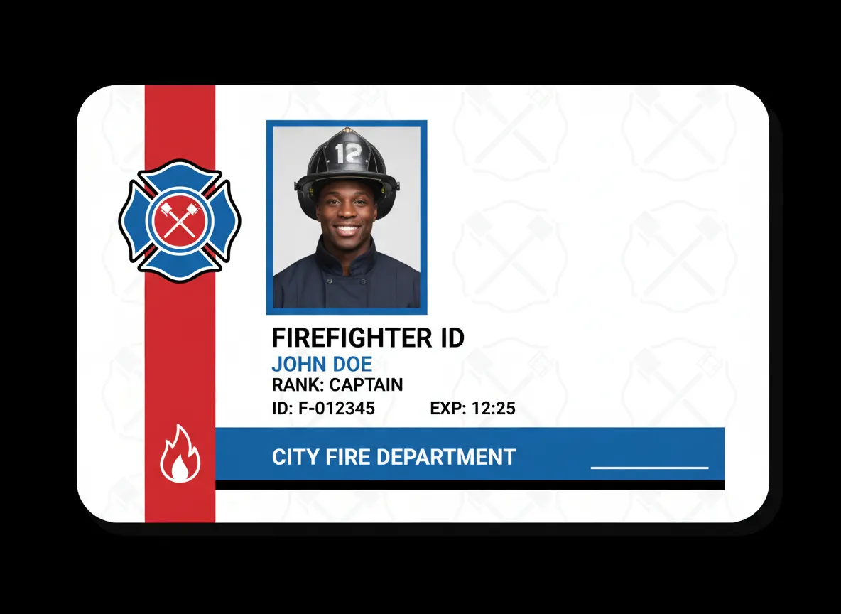 L-shape design, firefighter ID card, featuring red and blue color bars, person's photo in rectangular outline, department and person's data.