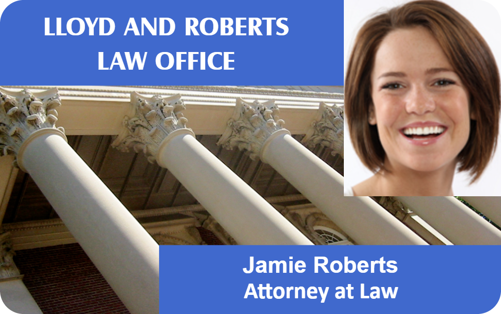 ID card template featuring columns, "Lloyd and Roberts Law Office," portrait of a smiling woman, "Attorney at Law." Waterproof, durable PVC with optional clear overlay