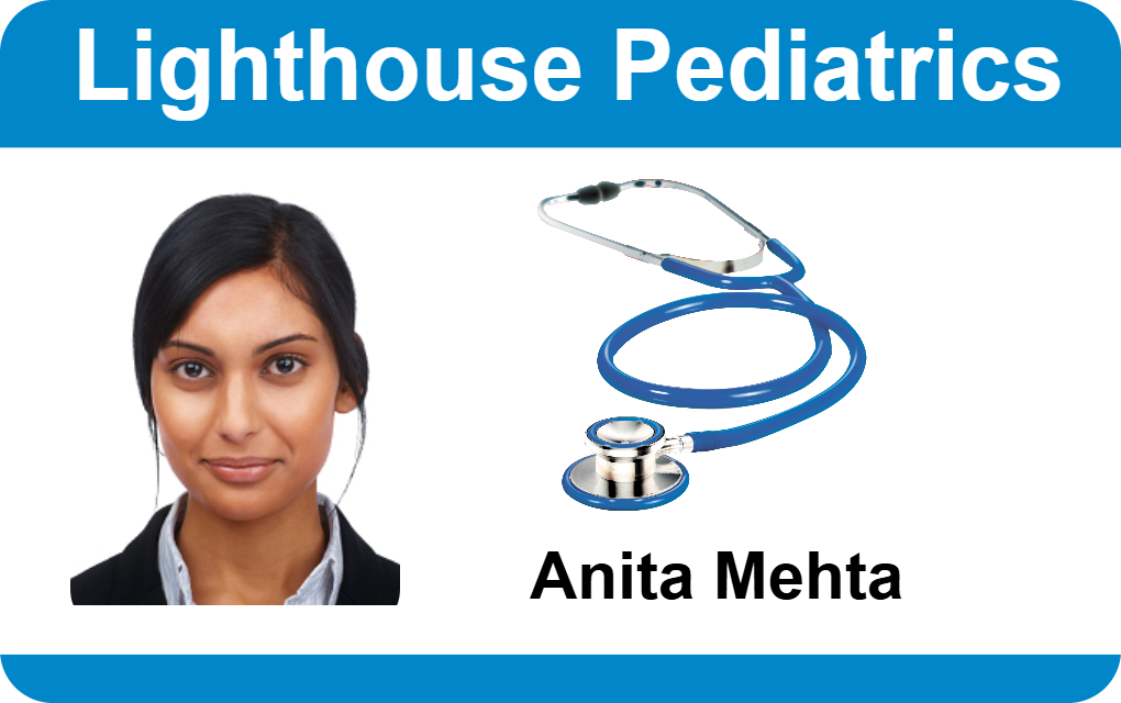 Template for an ID card or ID badge for Lighthouse Pediatrics featuring a female headshot, blue stethoscope, and name placement; durable PVC, bend resistant, waterproof