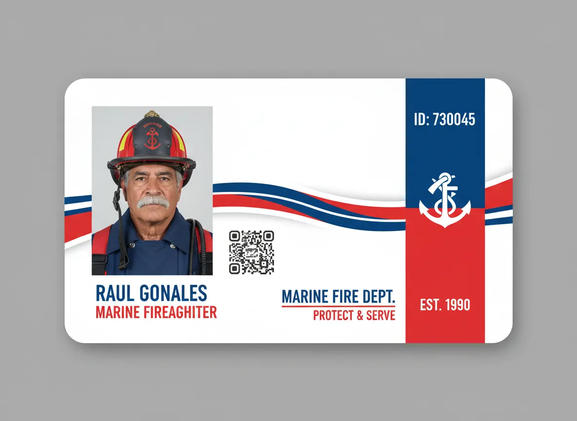 Marine fire department custom ID card, featuring red and blue color bars with waves composition design, anchor icon, rectangular photo, and QR code.