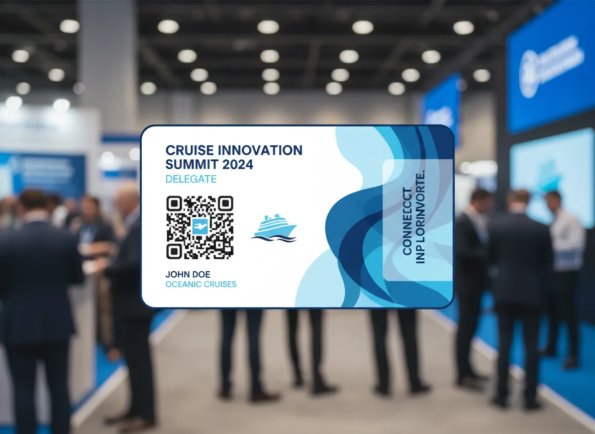 Marine travel branch convention ID pass, featuring industry context color scheme, QR code, and various data elements text labels.