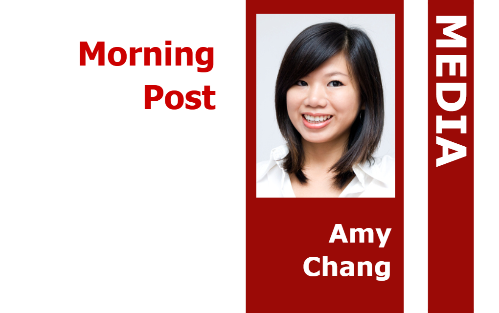 ID badge template featuring a headshot of a smiling woman with shoulder-length dark hair. Red and white background reads: Morning Post, MEDIA, Amy Chang. Wear resistant, waterproof