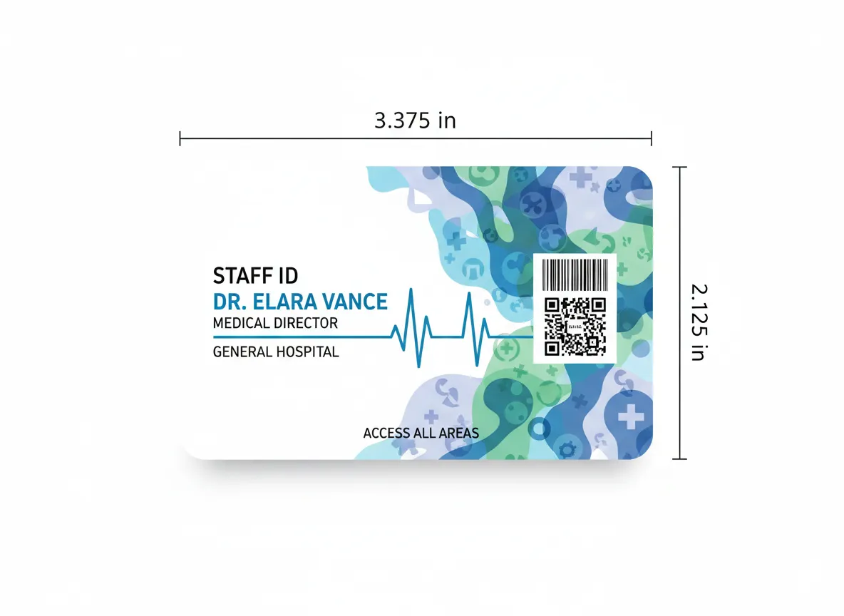 Medical center, no-photo ID card, featuring colorful, wavy background, EKG like line, QR code, along with name, title and access control level.