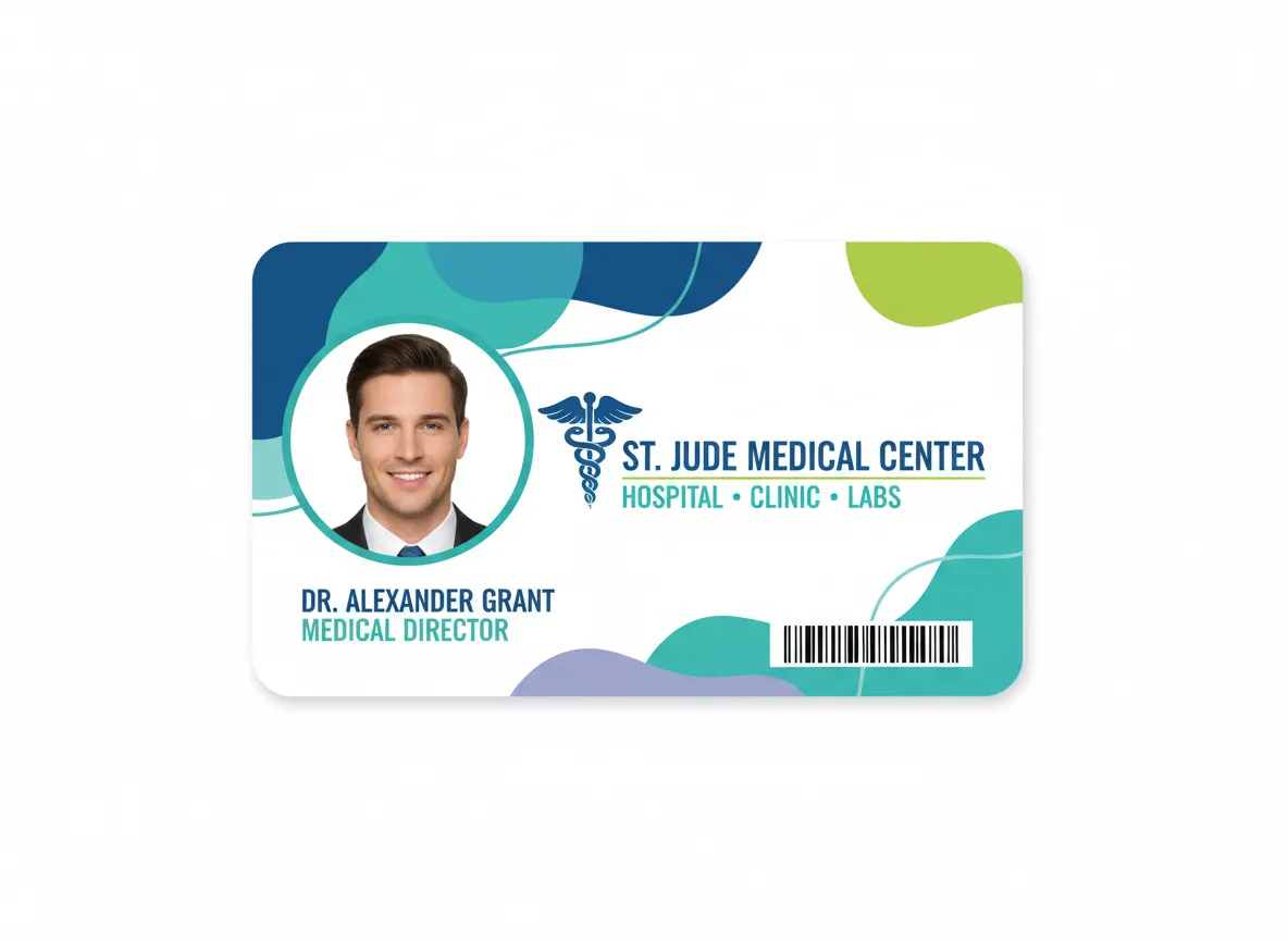 Medical center photo identification card with a barcode and NFC chip allowing quick, wireless, access to wide variety of data elements.