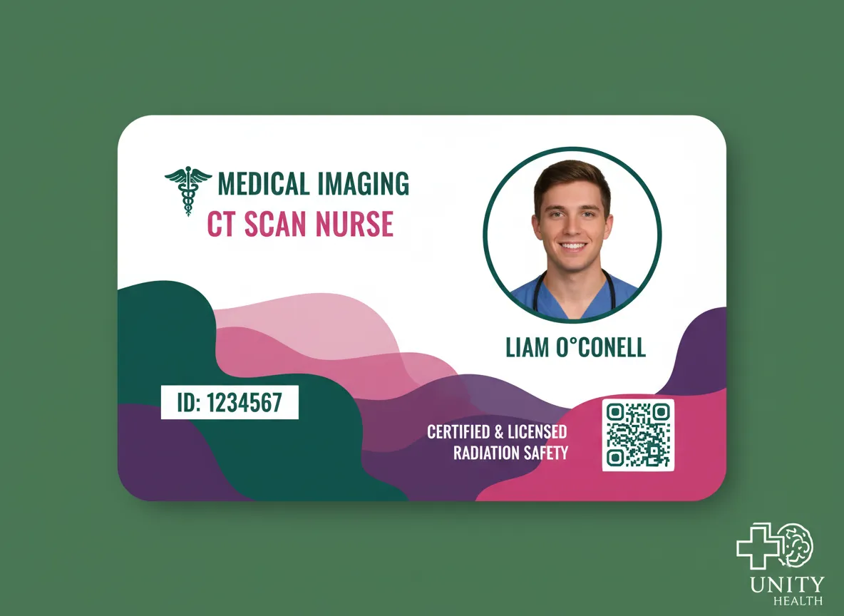 Medical office employee ID card for CT scan nurse, featuring wavy, purple, pink and green background, round photo, and QR code.