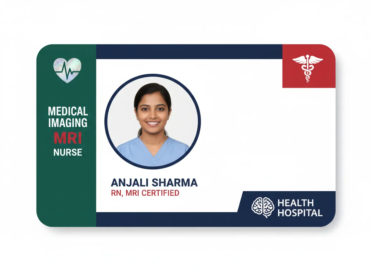Medical office ID card, featuring c-shape, red, blue and green color panel with white space inside, displaying various icons, text labels and photo.