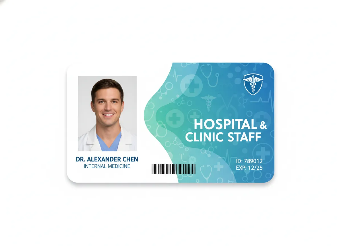 Medical office or hospital ID badge, with green and blue abstract background filled with medical symbols, displaying photo, name and specialty