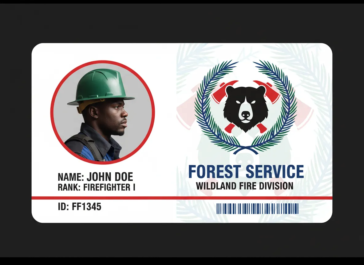 Minimalistic design ID badge for a forest service firefighter with a semi-transparent image, outlined rounded photo, and professional data points.