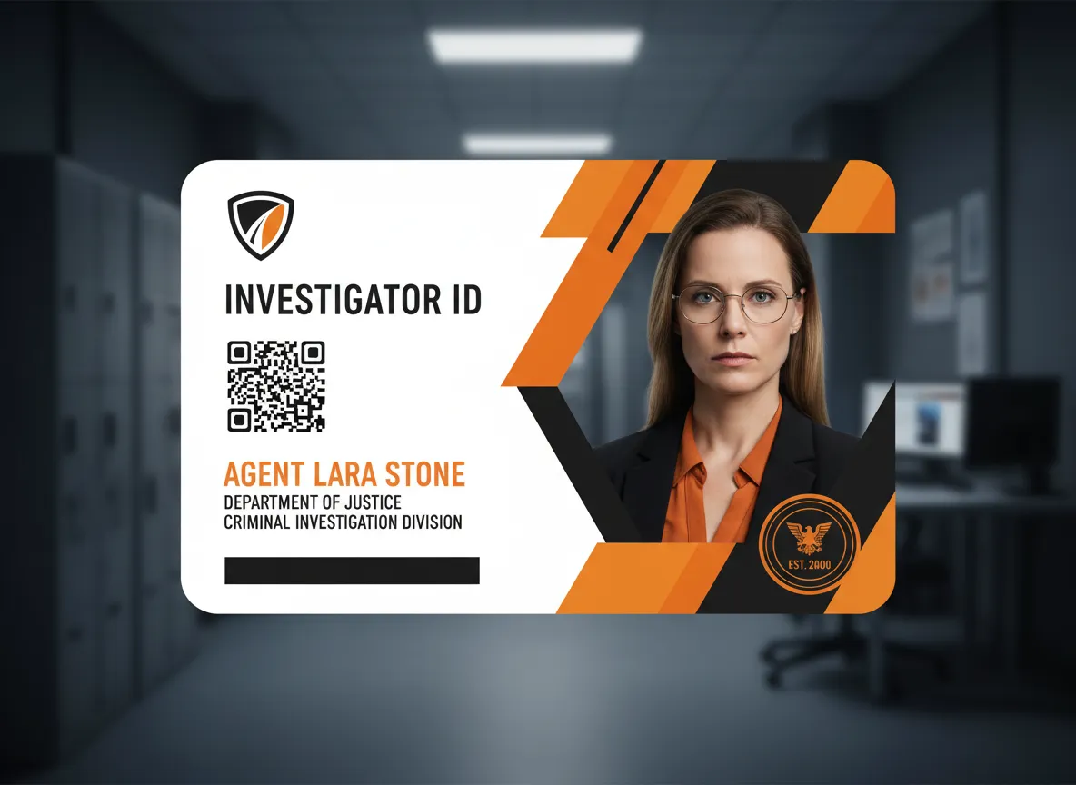 Modern design custom ID card for an investigator, featuring 50/50 color panels to white space ratio design, displaying photo, logo, and data.