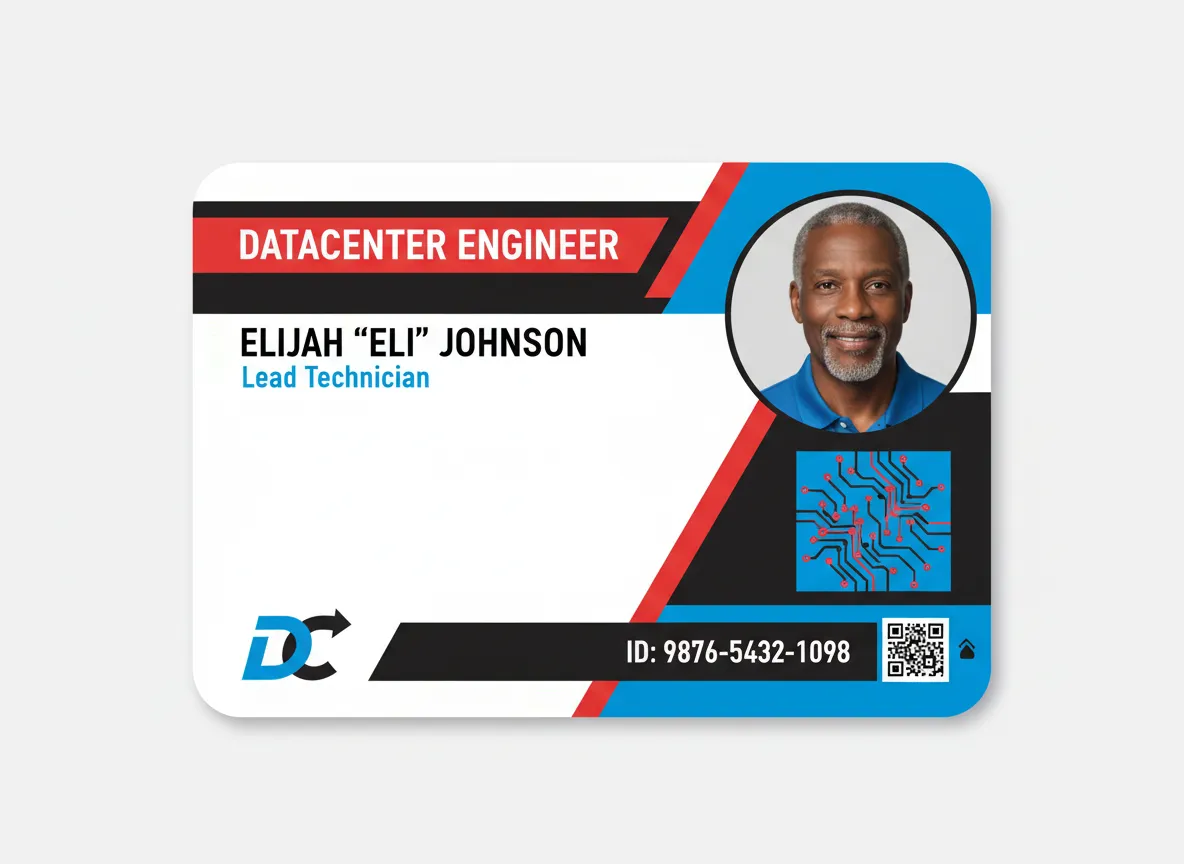 Modern design, fintech sector ID card, featuring red, black and blue color panels, hosting high contrast text labels, rounded photo and QR code.