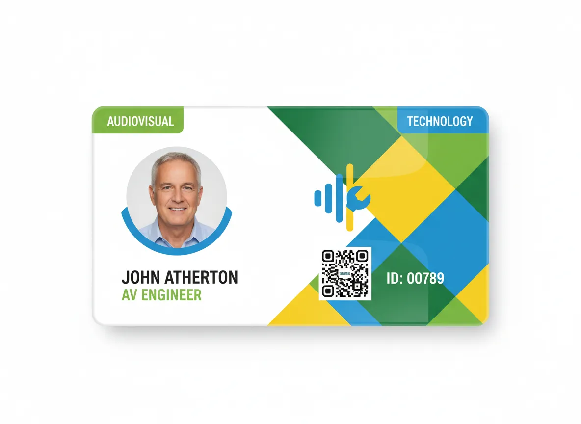 Modern design, green, blue, yellow checkers arrow theme, employee ID badge for an audio-visual engineer with a scannable QR code