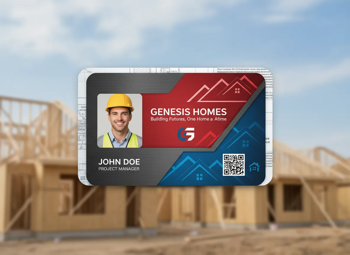 Modern design ID card for a construction site access, showing person's name, position, company name and QR code for easy data access.