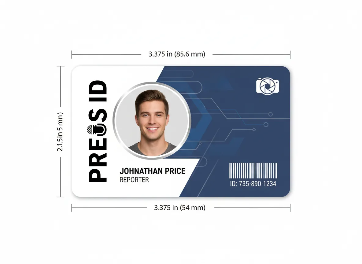 Modern design press ID badge, featuring circuit board background image in various blue shades, photo and data in black text labels.