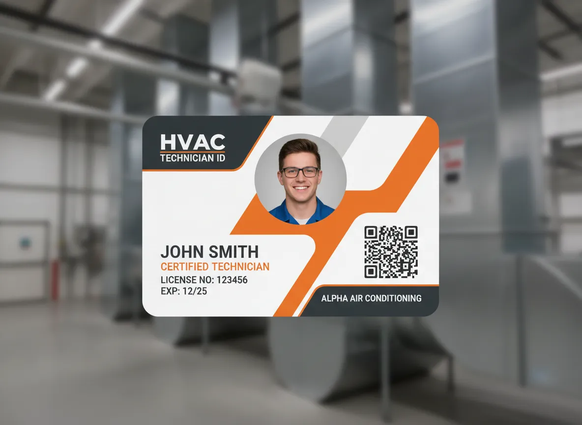 Modern design theme employee ID card, featuring grey, orange and white shapes, made for HVAC technician, showing rounded photo, data and QR code.