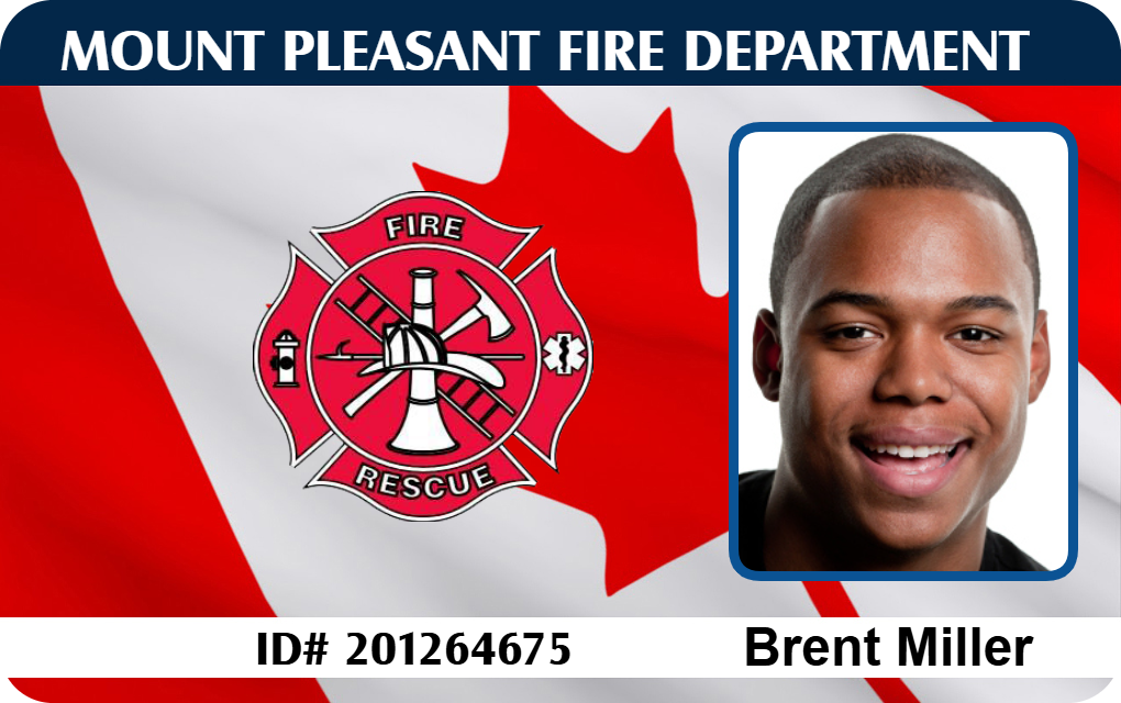 Template ID badge for Mount Pleasant Fire Department with Canadian flag, fire rescue emblem, wearer photo. ID card is waterproof and bend resistant