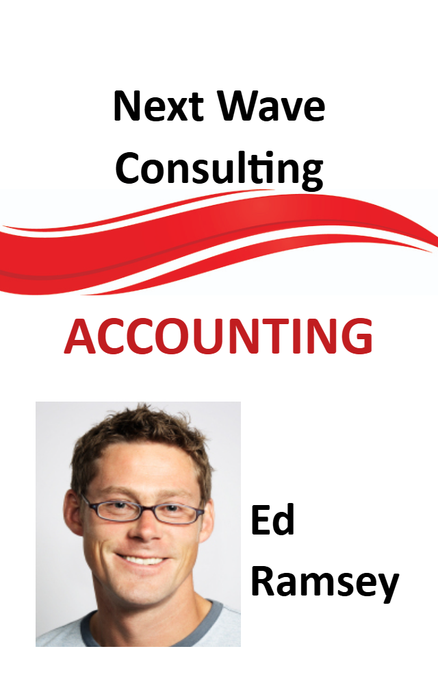Template business card styled as an id badge for Next Wave Consulting, featuring a red wave design, ACCOUNTING text, photo area, clear overlay option, durable PVC