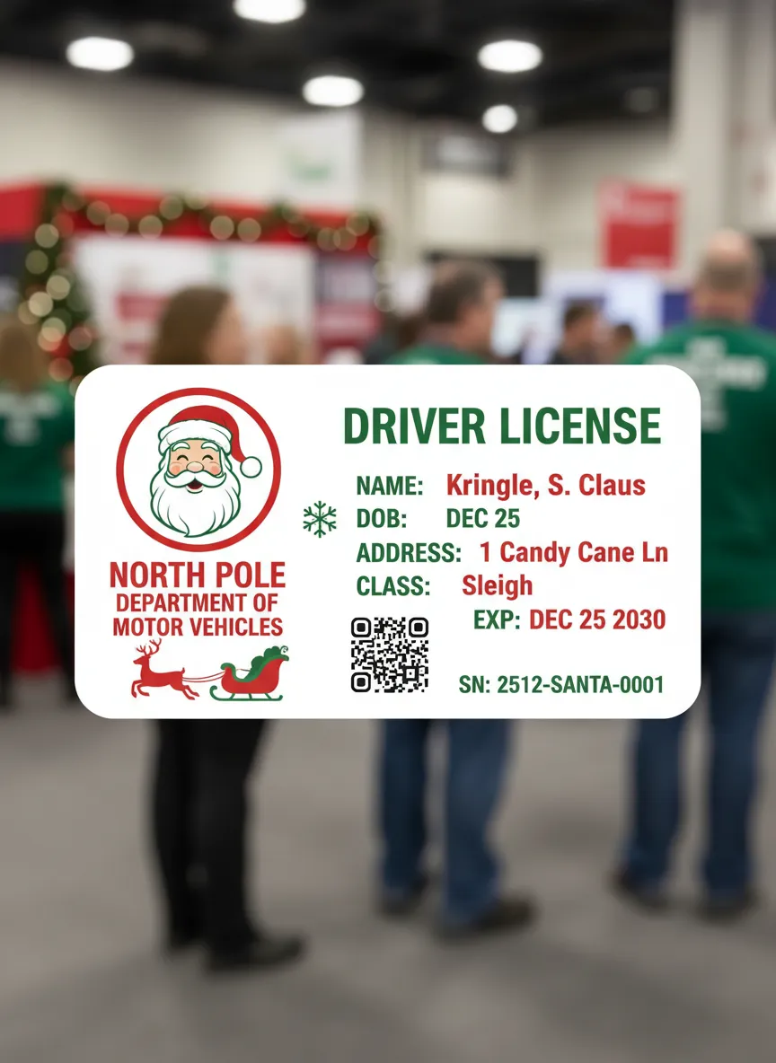 North Pole department of motor vehicles issued, Santa Claus sleigh driver's license, showing photo, name, address, class, and expiration date.