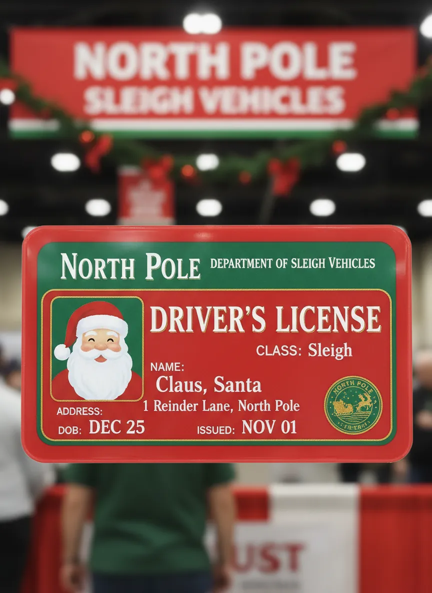 North Pole driver's license issued to Santa Claus, featuring red, green and white theme, seal, photo, address, DOB, class, address and issue date.