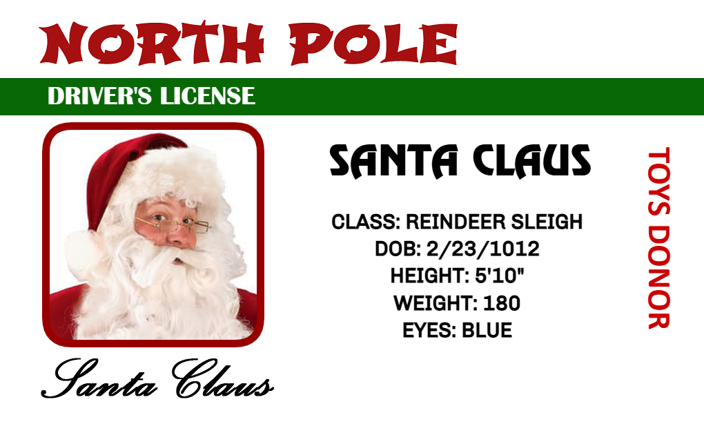 Template North Pole ID card for Santa Claus, features photo, stats, blue eyes, "TOYS DONOR" in red, durable PVC with 40mil thick option and added security holographic overlay