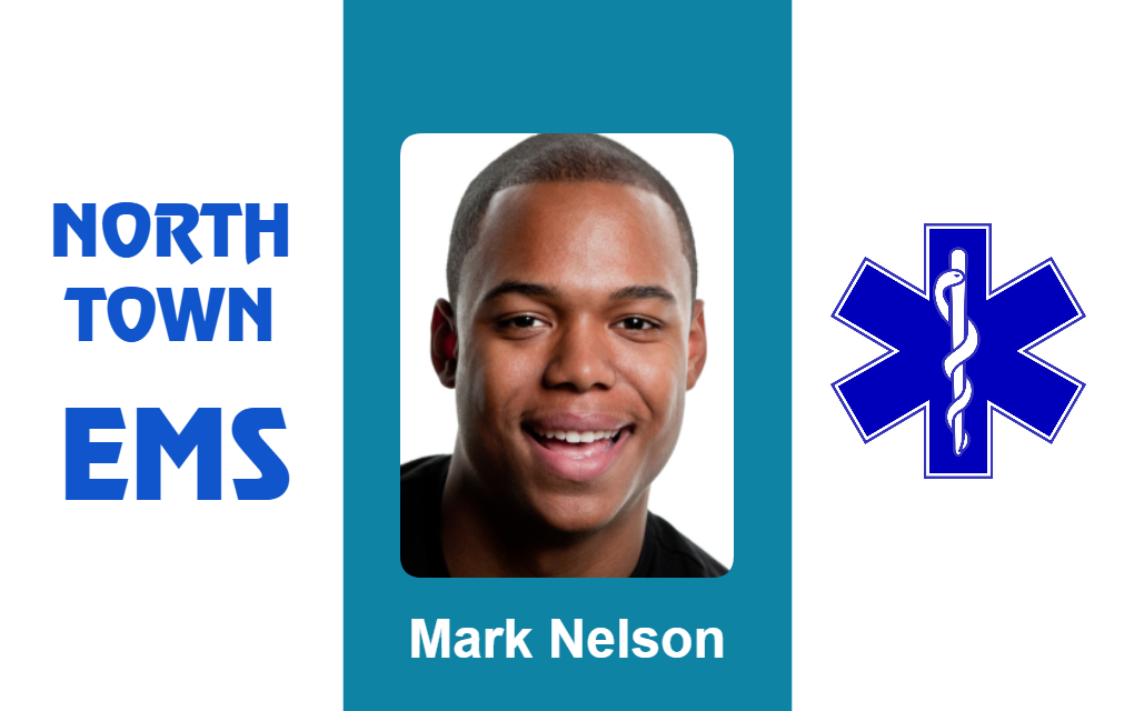 Template ID badge for North Town EMS with a smiling man, name area, blue medical star of life symbol on right; durable PVC, 40mil thick option, clear overlay option