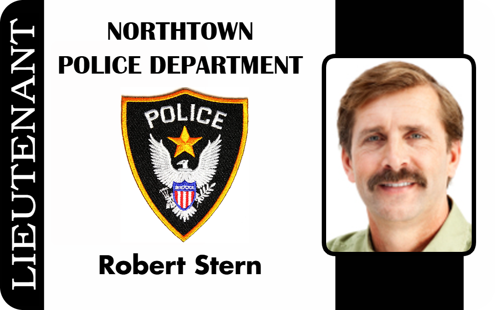 Template ID badge for Northtown Police Department featuring a police badge, Lieutenant title, and photo of a man with light brown hair and mustache; bend resistant, waterproof