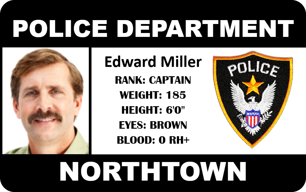 Template police id badge for Northtown, officer photo, rank, and physical stats; durable PVC, 40mil thick option, clear overlay option