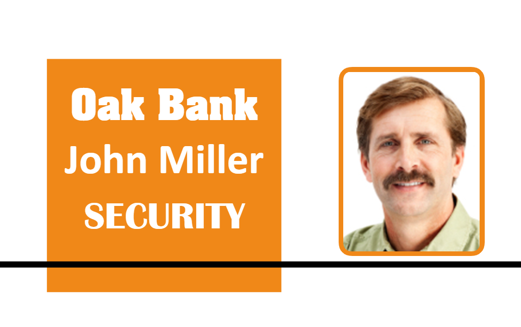 Template ID card for Oak Bank, SECURITY title, smiling man, brown hair, mustache, collared shirt, waterproof, 40mil thick option, clear overlay option