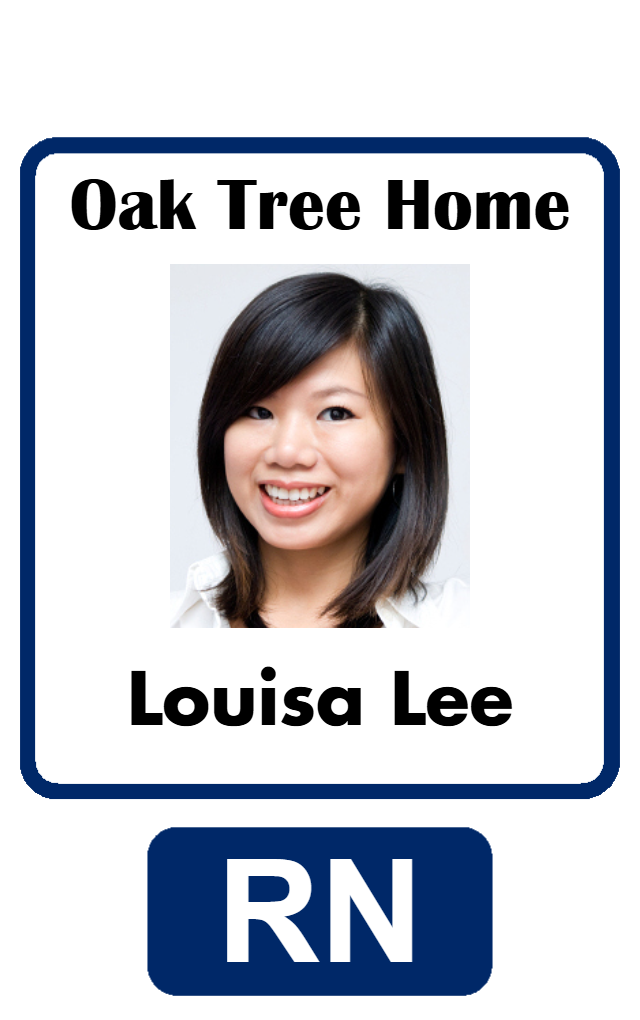 Template ID badge for Oak Tree Home, featuring a smiling woman with straight dark hair, RN blue icon, wear resistant and waterproof PVC, 40mil thick