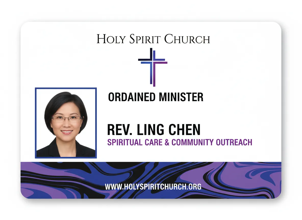 Ordained minister photo ID card, in black, purple and blue theme, showing the cross, name, title, organization name and web address.
