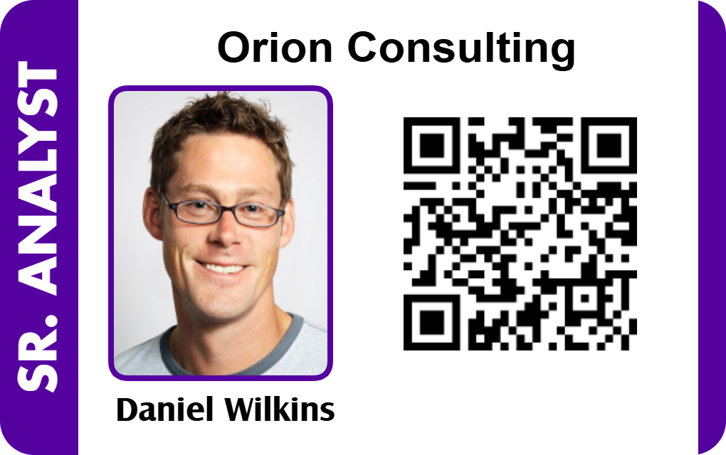 Template ID card for Orion Consulting featuring a headshot of a man with glasses, SR. ANALYST title, prominent QR code on right; waterproof, 40mil thick option included