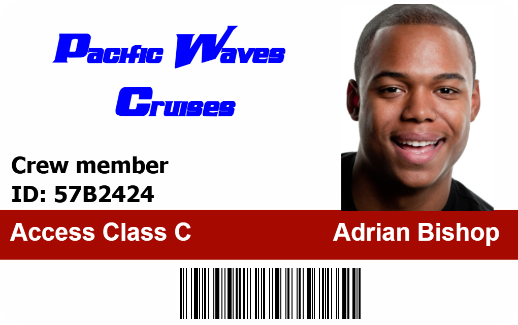 Template ID badge for Pacific Wave Cruises, crew member photo, Access Class C, ID number and barcode on bottom. Wear resistant, 40mil thick option, added security holographic overlay option