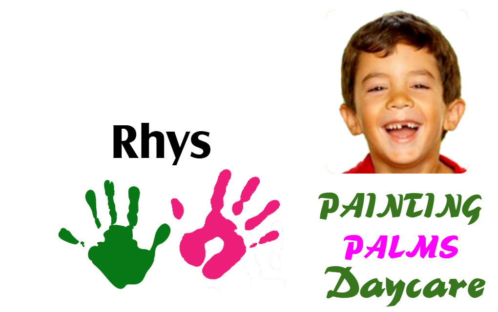 Template for PAINTING PALMS Daycare id card: smiling child above Rhys, green and pink handprints, clear overlay option, 40mil thick option, waterproof, wear resistant
