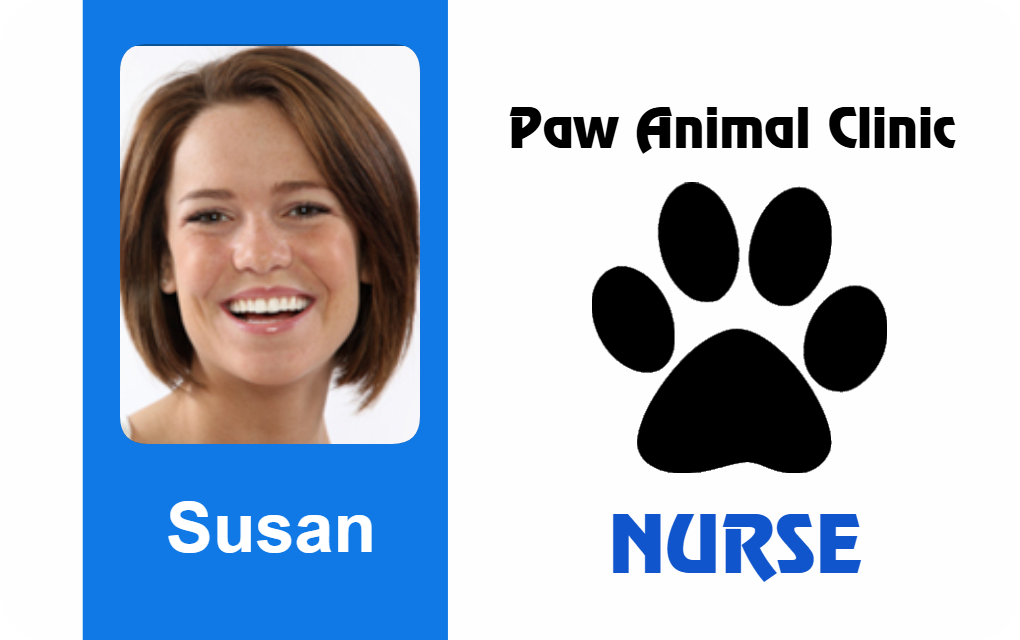 Template id badge featuring a smiling woman’s photo, “Paw Animal Clinic, Nurse,” large black paw print, 40mil thick option, waterproof, clear overlay option