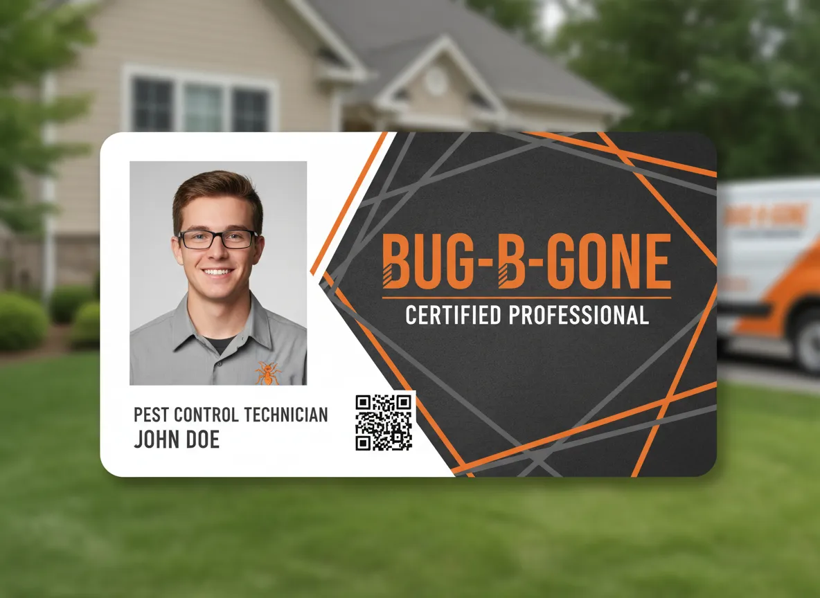 Pest exterminator maintenance company custom ID badge, with company logo inspired background, large photo, QR code, person's name and title.