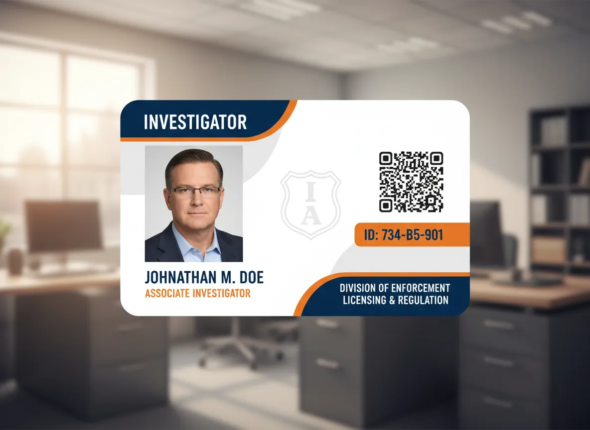 Photo ID card template for an investigator, featuring rounded multi color panels in the corners theme, displaying photo, name, division and QR code.