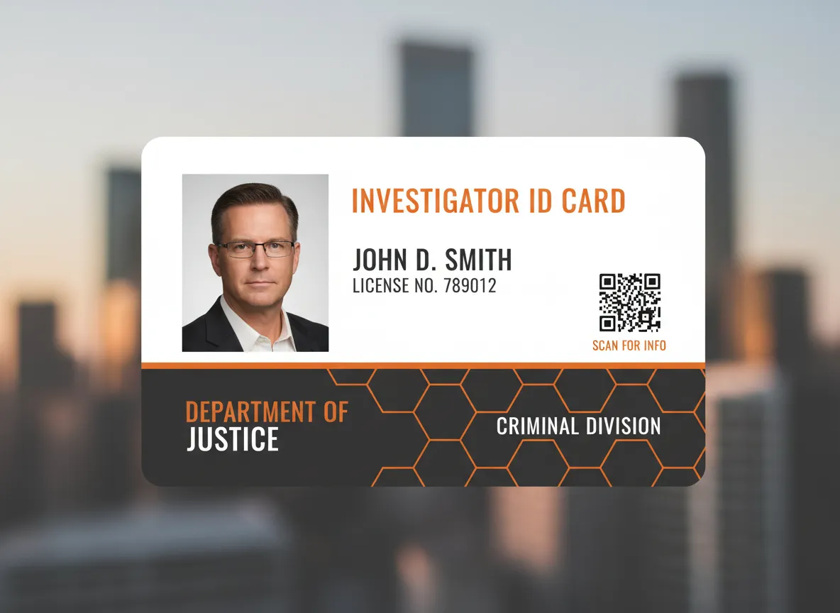 Plastic ID card for an investigator, honeycomb pattern footer, with a photo and RFID proximity chip access control option, 2 panels design.