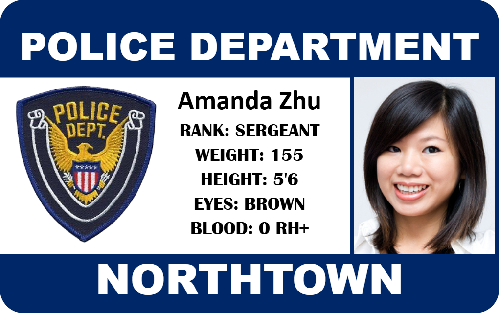 Template Northtown Police id card features official badge, photo of smiling woman, and sergeant details; durable PVC, waterproof, 40mil thick option