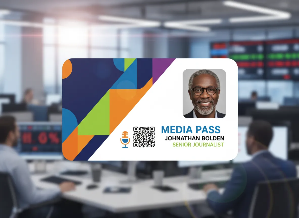Press ID badge for a journalist or photographer with multicolor abstract design, logo and QR code holding important information.