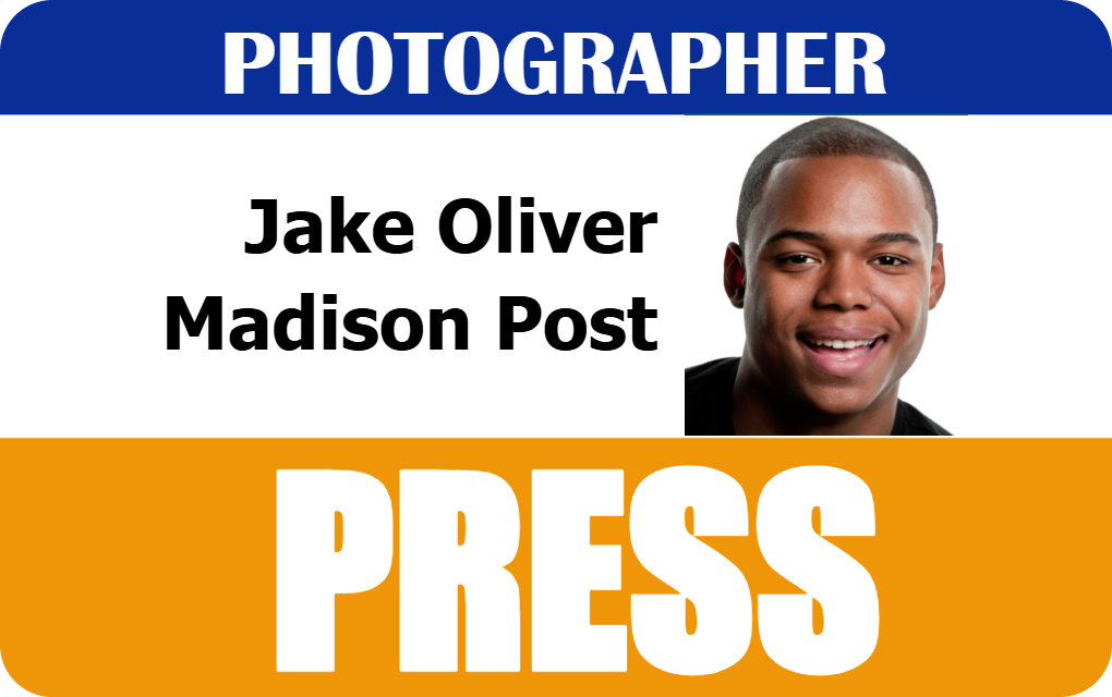 Template id badge featuring a photographer press card with headshot, publication name, bold PRESS at the bottom; durable PVC, bend resistant, clear overlay option