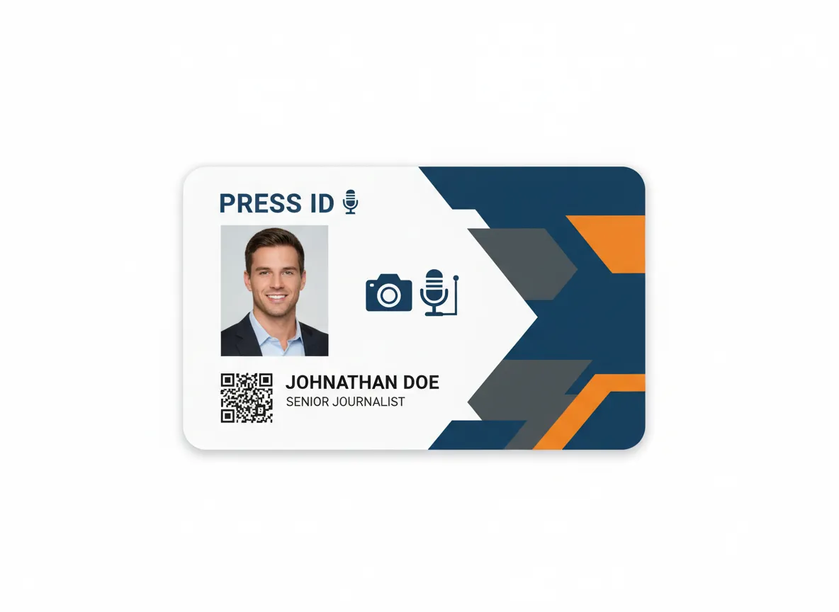 Press ID card with modern, arrow shape, abstract color panel on the right, mic and camera icons, rectangular photo, QR code and personalized data.