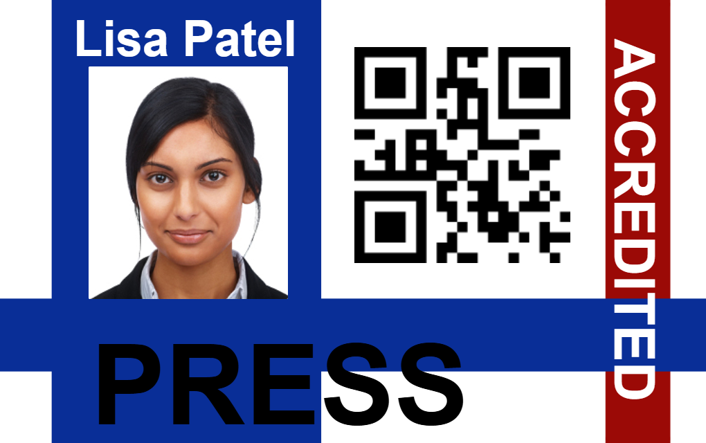 Template ID card showing a woman’s photo, “PRESS” label, QR code, a red “ACCREDITED” stripe; durable PVC, waterproof, 40mil thick option, wear resistant