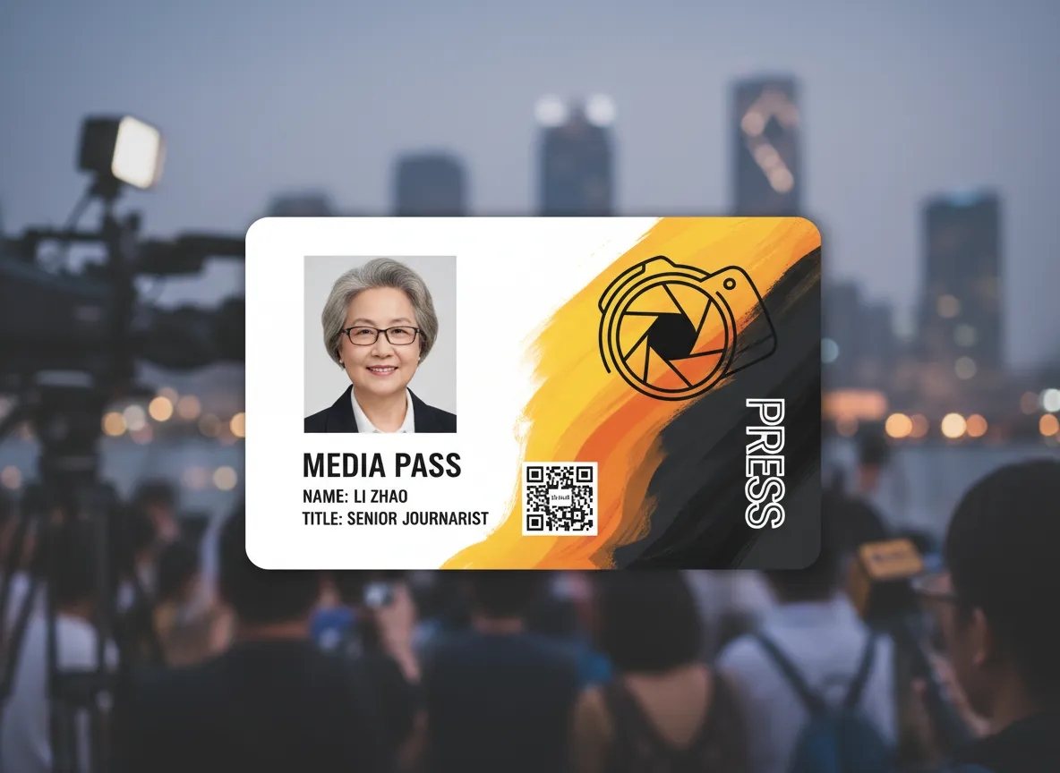Press photographer pass, featuring paint style abstract image with a camera shutter icon, QR code, photo, name and title in black text labels.
