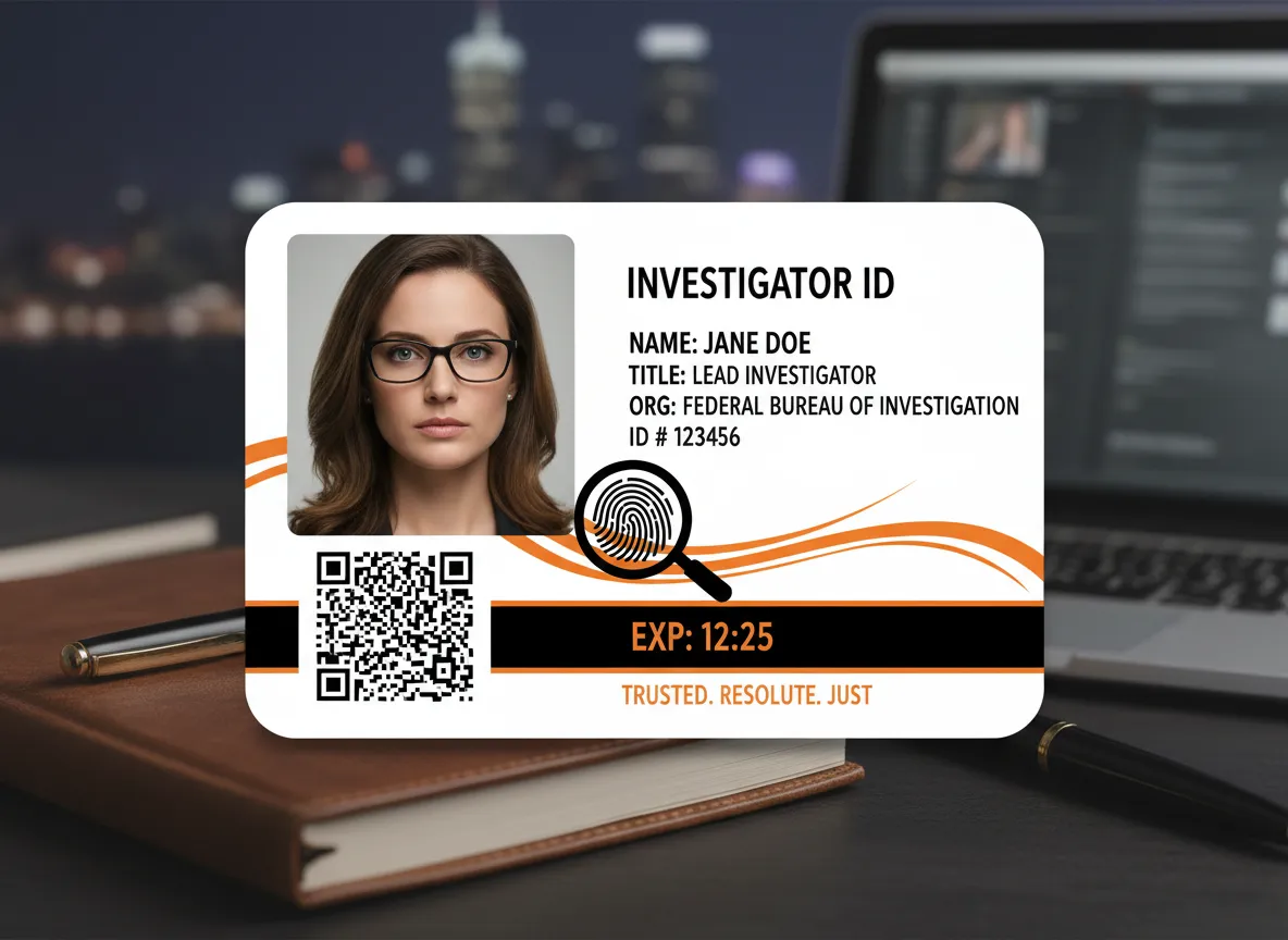 Professional investigator ID card, featuring orange and black color bar, magnifying glass with fingerprint image, QR code, photo and person's data.