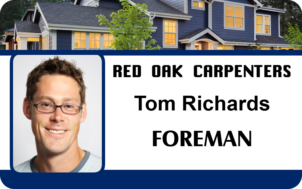 Red Oak Carpenters ID badge template, with a smiling man in glasses and a house in the background. Wear resistant, durable PVC 40mil thick option, clear overlay for added security