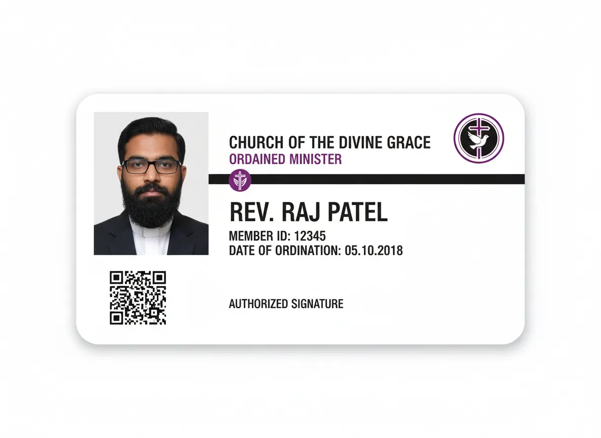 Religious organization photo ID card, featuring minimalistic design, single, slim black bar divider, church and person names, title, and QR code.