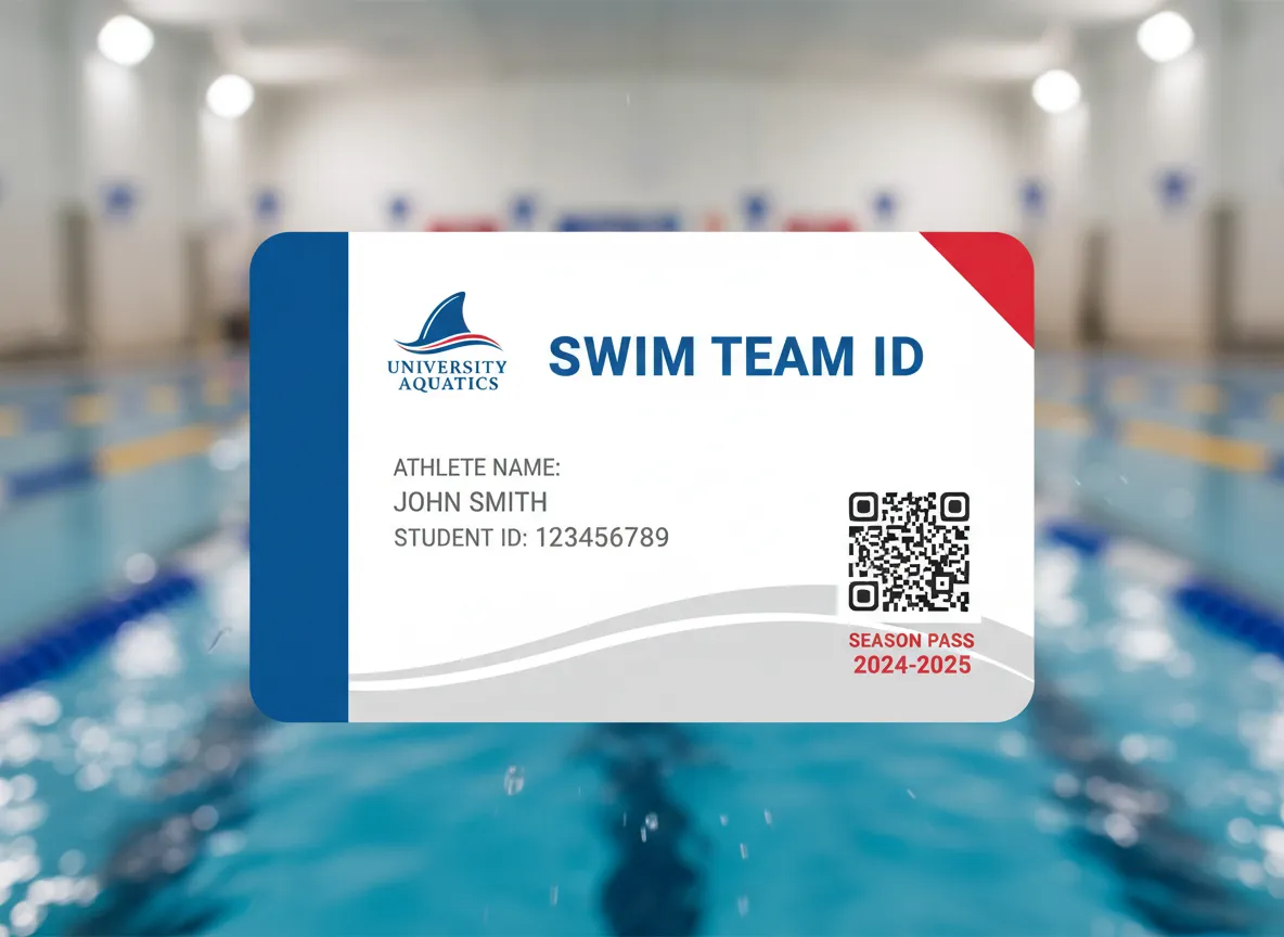 RFID enabled custom ID card for college swim team, helping with training attendance, tracking and facility access control; blue, red and grey theme.