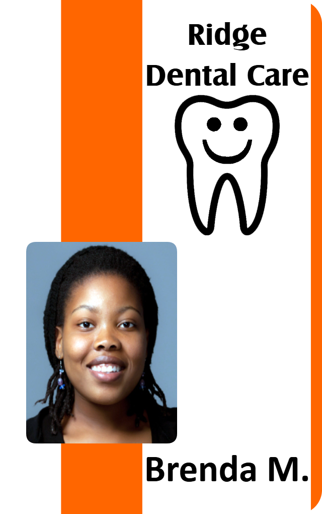 Template ID badge for Ridge Dental Care displaying a smiling woman, medical caduceus, "D" initial, and blue text. Durable PVC, 40mil thick option, waterproof, clear overlay option